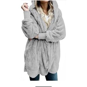 LONGYUAN Women's Hooded Fuzzy Cardigan Fleece Jacket  Winter Coat Open Front M